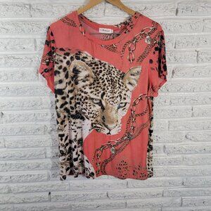 Aronia 3XL Cheetah Print Red Black Rhinestone Short Sleeve Pullover ANI30E